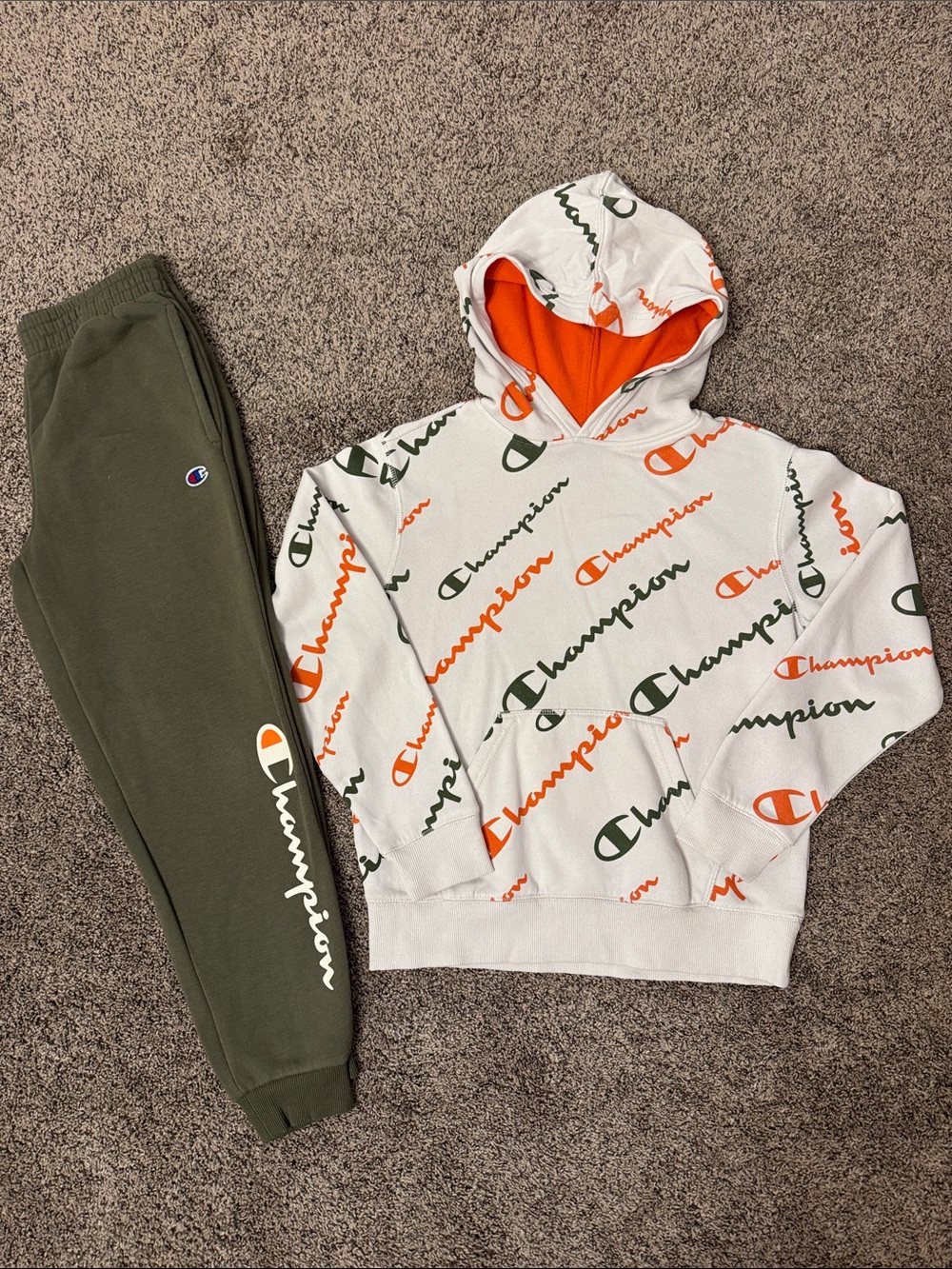 Champion Kids White Hoodie & Olive Green Joggers Set with Orange Trim